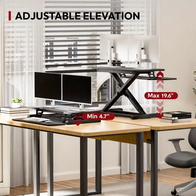 Alt view image 4 of 7 - 40" Desk Converter, Height Adjustable Sit to Stand Riser, Dual Monitor and Laptop Workstation with Wide Keyboard Tray, Modern Minimalist Design, Black