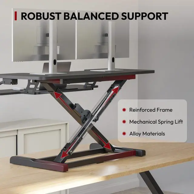 Alt view image 3 of 7 - 40" Desk Converter, Height Adjustable Sit to Stand Riser, Dual Monitor and Laptop Workstation with Wide Keyboard Tray, Modern Minimalist Design, Black