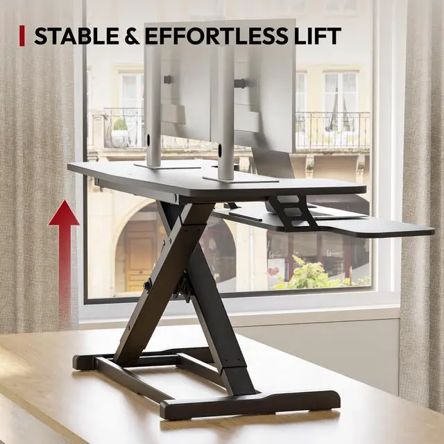 Alt view image 5 of 7 - 40" Desk Converter, Height Adjustable Sit to Stand Riser, Dual Monitor and Laptop Workstation with Wide Keyboard Tray, Modern Minimalist Design, Black