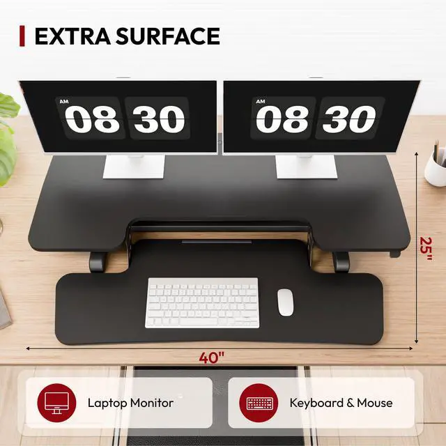 Alt view image 6 of 7 - 40" Desk Converter, Height Adjustable Sit to Stand Riser, Dual Monitor and Laptop Workstation with Wide Keyboard Tray, Modern Minimalist Design, Black
