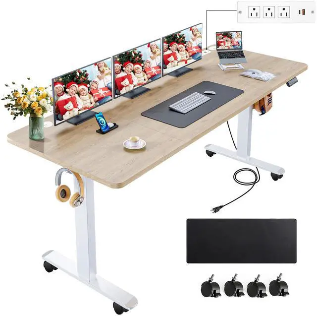 Main image of Electric Standing Desk Adjustable Height, 71 x 28in Sit Stand up Desk with Outlets, Mouse Pad,Wheels,3 USB Ports & 3 Power Outlets, Casters, Hooks,4 Memory Preset Heights Home Office,Oak