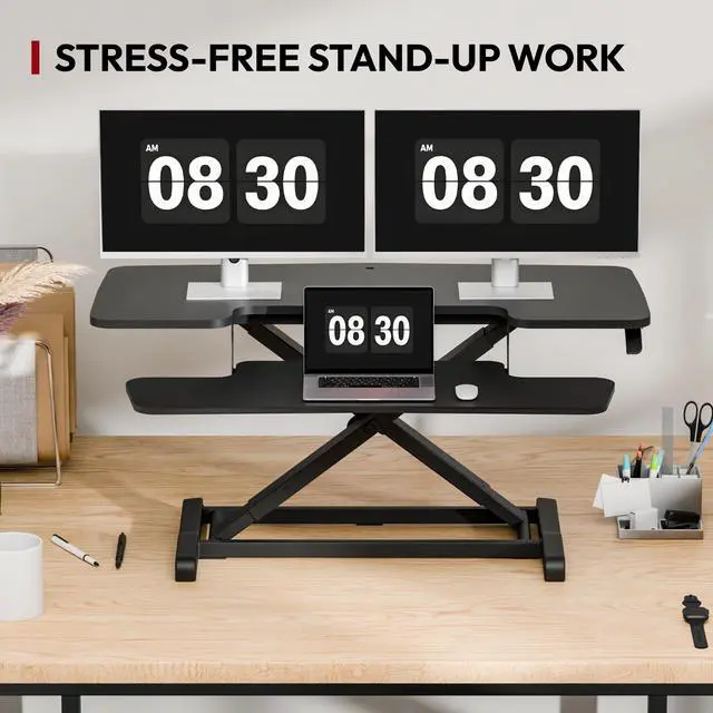 Alt view image 7 of 7 - 40" Desk Converter, Height Adjustable Sit to Stand Riser, Dual Monitor and Laptop Workstation with Wide Keyboard Tray, Modern Minimalist Design, Black