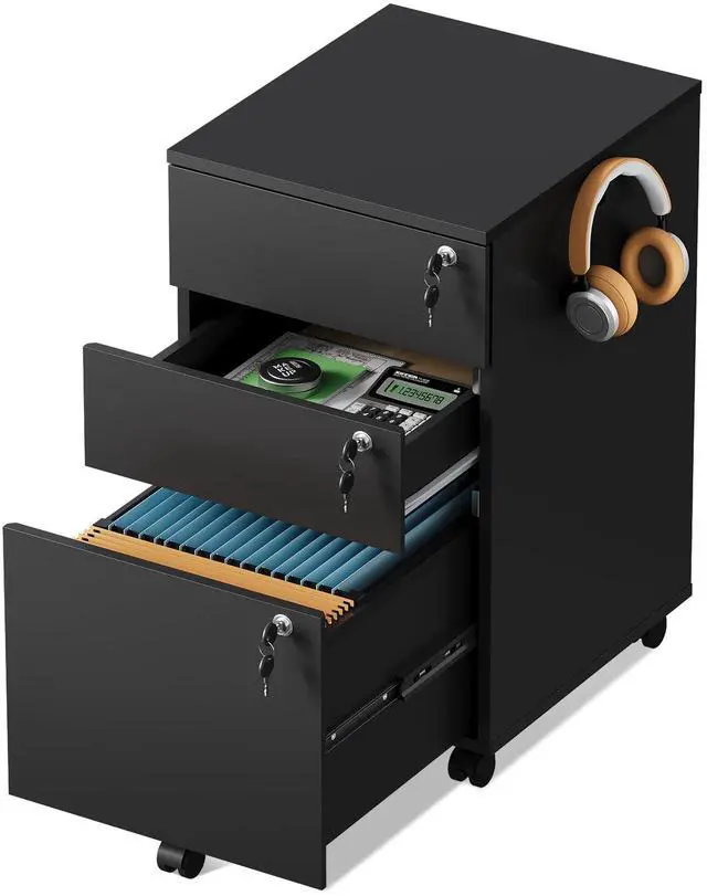 Main image of 3 Drawer File Cabinet with Upgrade to 3 Individual Lock & Wheels | Wood Filing Cabinet for Home Office, Mobile Printer Stand with Wheels, Under Desk Storage for Letter/A4/Legal Size, Black