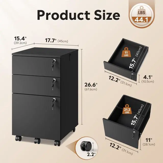 Alt view image 2 of 6 - 3 Drawer File Cabinet with Upgrade to 3 Individual Lock & Wheels | Wood Filing Cabinet for Home Office, Mobile Printer Stand with Wheels, Under Desk Storage for Letter/A4/Legal Size, Black