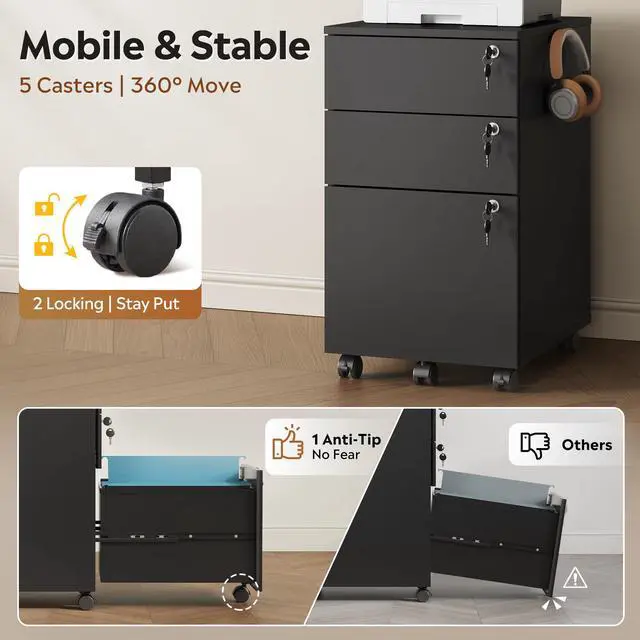 Alt view image 5 of 6 - 3 Drawer File Cabinet with Upgrade to 3 Individual Lock & Wheels | Wood Filing Cabinet for Home Office, Mobile Printer Stand with Wheels, Under Desk Storage for Letter/A4/Legal Size, Black
