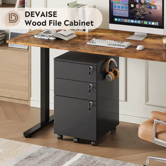 Alt view image 3 of 6 - 3 Drawer File Cabinet with Upgrade to 3 Individual Lock & Wheels | Wood Filing Cabinet for Home Office, Mobile Printer Stand with Wheels, Under Desk Storage for Letter/A4/Legal Size, Black