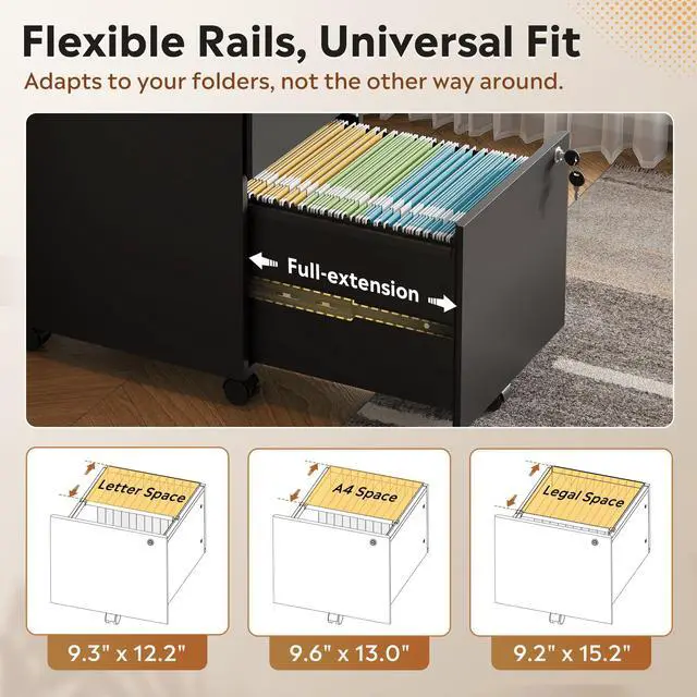 Alt view image 4 of 6 - 3 Drawer File Cabinet with Upgrade to 3 Individual Lock & Wheels | Wood Filing Cabinet for Home Office, Mobile Printer Stand with Wheels, Under Desk Storage for Letter/A4/Legal Size, Black