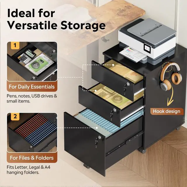 Alt view image 6 of 6 - 3 Drawer File Cabinet with Upgrade to 3 Individual Lock & Wheels | Wood Filing Cabinet for Home Office, Mobile Printer Stand with Wheels, Under Desk Storage for Letter/A4/Legal Size, Black
