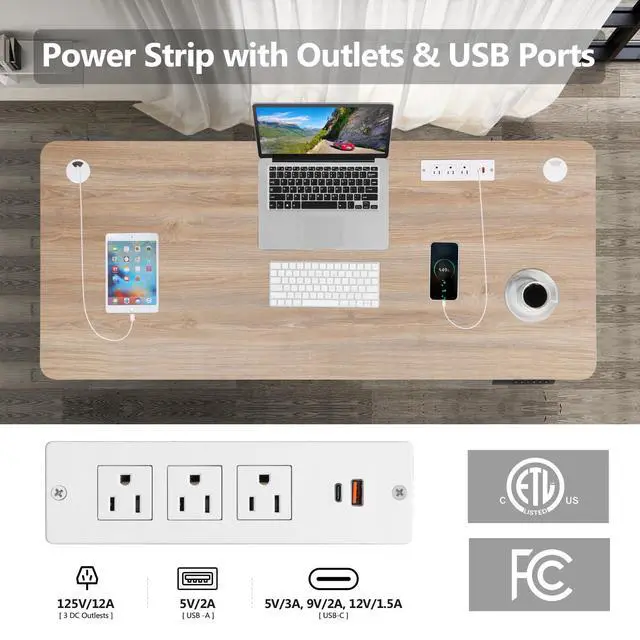 Alt view image 3 of 7 - Electric Standing Desk Adjustable Height, 71 x 28in Sit Stand up Desk with Outlets, Mouse Pad,Wheels,3 USB Ports & 3 Power Outlets, Casters, Hooks,4 Memory Preset Heights Home Office,Oak