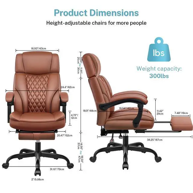 Alt view image 2 of 7 - Executive Leather Office Chair, Big and Tall Office Chair with Footrest Home Office Desk Chairs, Ergonomic Computer Desk Chair with Lumbar Support, Reclining Desk Chair with Adjustable Angle
