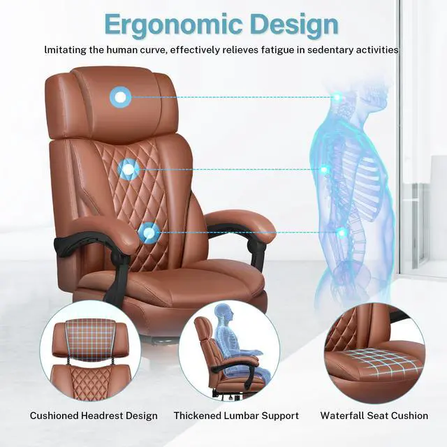 Alt view image 3 of 7 - Executive Leather Office Chair, Big and Tall Office Chair with Footrest Home Office Desk Chairs, Ergonomic Computer Desk Chair with Lumbar Support, Reclining Desk Chair with Adjustable Angle