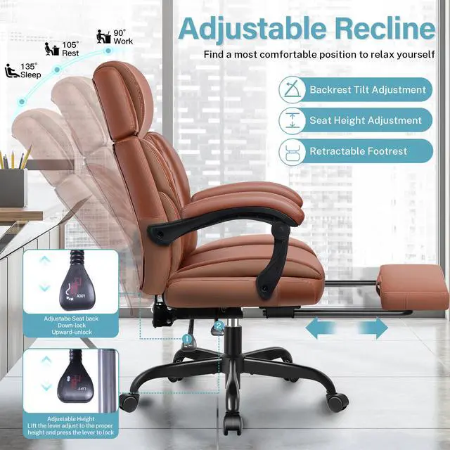 Alt view image 4 of 7 - Executive Leather Office Chair, Big and Tall Office Chair with Footrest Home Office Desk Chairs, Ergonomic Computer Desk Chair with Lumbar Support, Reclining Desk Chair with Adjustable Angle