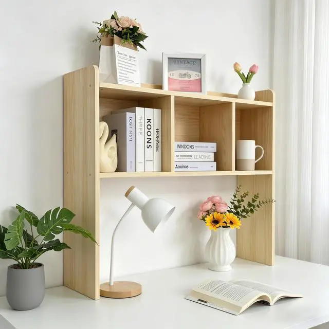 Alt view image 2 of 7 - Desktop Bookshelf, Wooden Desk Hutch with 3 Shelves, 3-Tier Desk Shelf Display Rack, Desk Bookshelf for Dorm Office Home,Countertop Storage Organizer for Computer Desk (Natural Wood Tone)