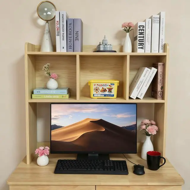 Alt view image 4 of 7 - Desktop Bookshelf, Wooden Desk Hutch with 3 Shelves, 3-Tier Desk Shelf Display Rack, Desk Bookshelf for Dorm Office Home,Countertop Storage Organizer for Computer Desk (Natural Wood Tone)