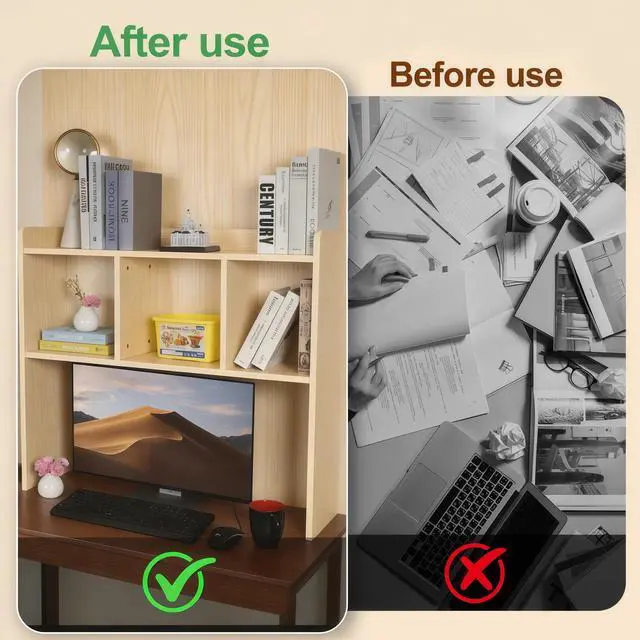 Alt view image 5 of 7 - Desktop Bookshelf, Wooden Desk Hutch with 3 Shelves, 3-Tier Desk Shelf Display Rack, Desk Bookshelf for Dorm Office Home,Countertop Storage Organizer for Computer Desk (Natural Wood Tone)