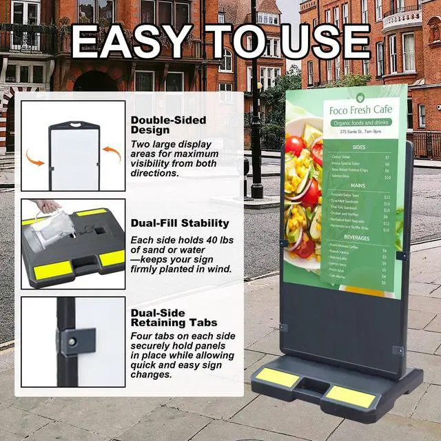 Alt view image 2 of 6 - 24"x36" Sidewalk Sign Board, Double-Sided Heavy Duty Outdoor Large Signboard Portable Stand with Sand Fill Holes, Weather Resistant for Store, Cafés, Weddings, Street advertising
