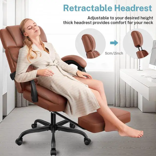 Alt view image 6 of 7 - Executive Leather Office Chair, Big and Tall Office Chair with Footrest Home Office Desk Chairs, Ergonomic Computer Desk Chair with Lumbar Support, Reclining Desk Chair with Adjustable Angle