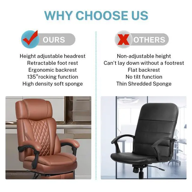 Alt view image 7 of 7 - Executive Leather Office Chair, Big and Tall Office Chair with Footrest Home Office Desk Chairs, Ergonomic Computer Desk Chair with Lumbar Support, Reclining Desk Chair with Adjustable Angle