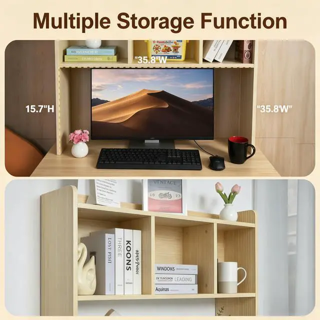 Alt view image 6 of 7 - Desktop Bookshelf, Wooden Desk Hutch with 3 Shelves, 3-Tier Desk Shelf Display Rack, Desk Bookshelf for Dorm Office Home,Countertop Storage Organizer for Computer Desk (Natural Wood Tone)