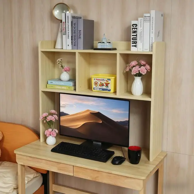 Alt view image 7 of 7 - Desktop Bookshelf, Wooden Desk Hutch with 3 Shelves, 3-Tier Desk Shelf Display Rack, Desk Bookshelf for Dorm Office Home,Countertop Storage Organizer for Computer Desk (Natural Wood Tone)