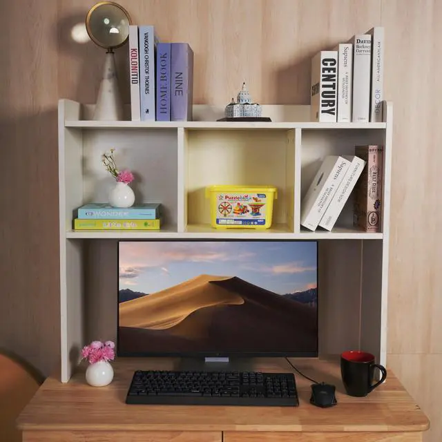 Alt view image 3 of 6 - Desktop Bookshelf, Wooden Desk Hutch with 3 Shelves, 3-Tier Desk Shelf Display Rack, Desk Bookshelf for Dorm Office Home,Countertop Storage Organizer for Computer Desk (White)