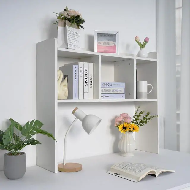 Main image of Desktop Bookshelf, Wooden Desk Hutch with 3 Shelves, 3-Tier Desk Shelf Display Rack, Desk Bookshelf for Dorm Office Home,Countertop Storage Organizer for Computer Desk (White)