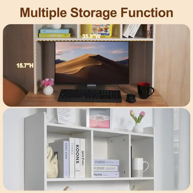 Alt view image 5 of 6 - Desktop Bookshelf, Wooden Desk Hutch with 3 Shelves, 3-Tier Desk Shelf Display Rack, Desk Bookshelf for Dorm Office Home,Countertop Storage Organizer for Computer Desk (White)