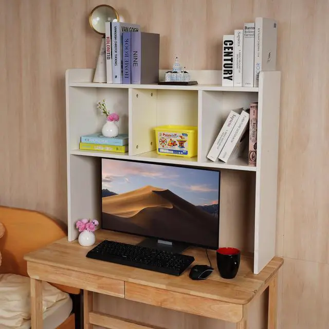 Alt view image 4 of 6 - Desktop Bookshelf, Wooden Desk Hutch with 3 Shelves, 3-Tier Desk Shelf Display Rack, Desk Bookshelf for Dorm Office Home,Countertop Storage Organizer for Computer Desk (White)