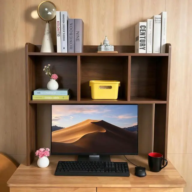 Alt view image 3 of 6 - Desktop Bookshelf, Wooden Desk Hutch with 3 Shelves, 3-Tier Desk Shelf Display Rack, Desk Bookshelf for Dorm Office Home,Countertop Storage Organizer for Computer Desk (Walnut)