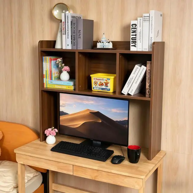 Alt view image 4 of 6 - Desktop Bookshelf, Wooden Desk Hutch with 3 Shelves, 3-Tier Desk Shelf Display Rack, Desk Bookshelf for Dorm Office Home,Countertop Storage Organizer for Computer Desk (Walnut)