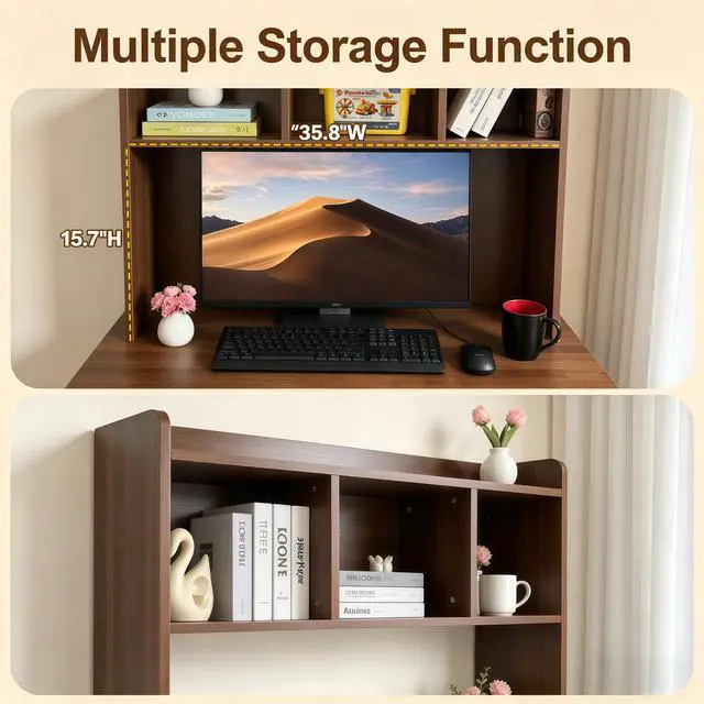 Alt view image 5 of 6 - Desktop Bookshelf, Wooden Desk Hutch with 3 Shelves, 3-Tier Desk Shelf Display Rack, Desk Bookshelf for Dorm Office Home,Countertop Storage Organizer for Computer Desk (Walnut)