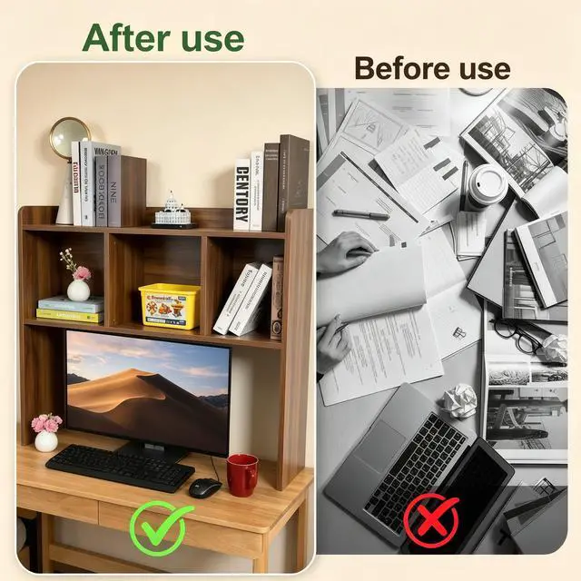 Alt view image 6 of 6 - Desktop Bookshelf, Wooden Desk Hutch with 3 Shelves, 3-Tier Desk Shelf Display Rack, Desk Bookshelf for Dorm Office Home,Countertop Storage Organizer for Computer Desk (Walnut)