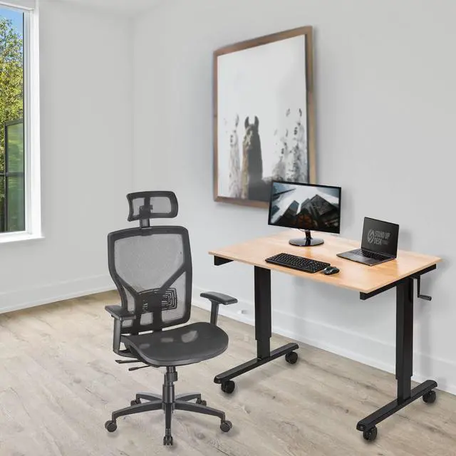 Alt view image 5 of 6 - Stand Up Desk Store Crank Adjustable Height Rolling Standing Desk (Black Frame/Natural Walnut Top, 48" Wide)