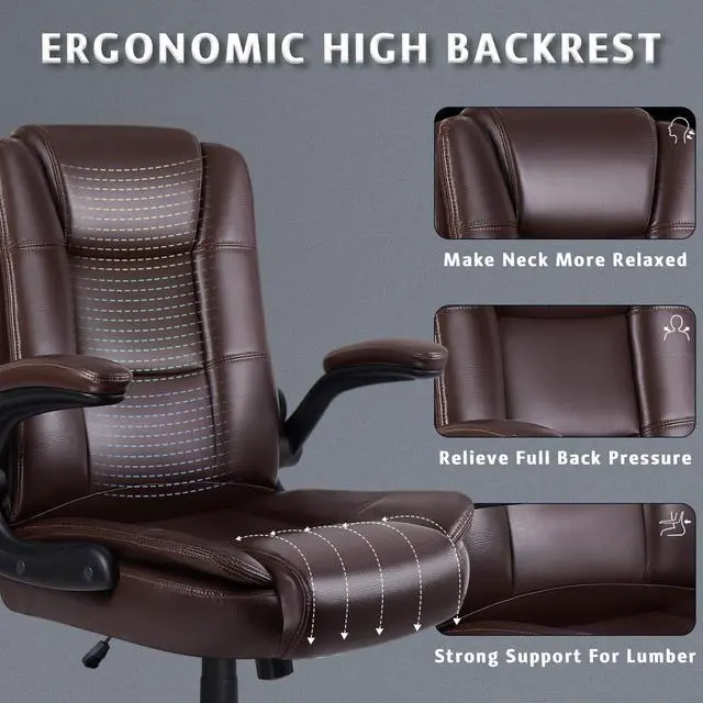 Alt view image 6 of 7 - Flip-up Arms Office Desk Chair Big and Tall Managerial Executive Chair, High Back Computer Chair Ergonomic Adjustable Height PU Leather Chairs with Armrest for Long Time Sitting
