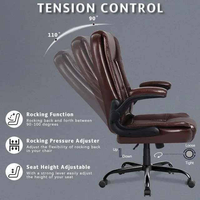 Alt view image 7 of 7 - Flip-up Arms Office Desk Chair Big and Tall Managerial Executive Chair, High Back Computer Chair Ergonomic Adjustable Height PU Leather Chairs with Armrest for Long Time Sitting