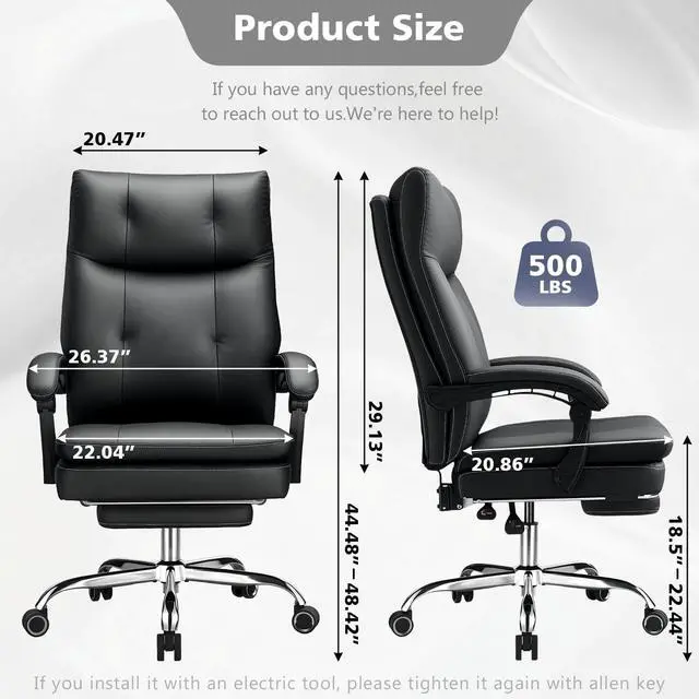 Alt view image 2 of 7 - 500LBS Big and Tall Comfy Office Chair with Foot Rest,Reclining Desk Chair | Heavy Duty Computer Chair with Wide Spring Cushion for Cross Legged,Class 4 Gas Lift,Metal Base