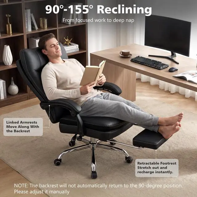 Alt view image 3 of 7 - 500LBS Big and Tall Comfy Office Chair with Foot Rest,Reclining Desk Chair | Heavy Duty Computer Chair with Wide Spring Cushion for Cross Legged,Class 4 Gas Lift,Metal Base