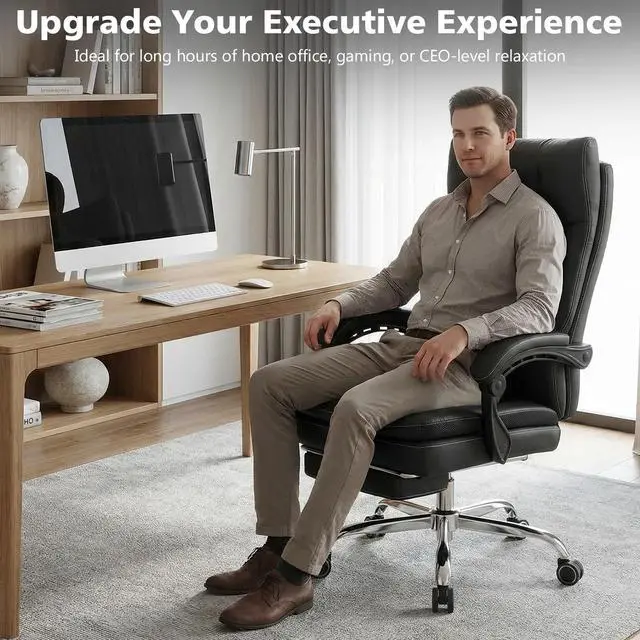Alt view image 5 of 7 - 500LBS Big and Tall Comfy Office Chair with Foot Rest,Reclining Desk Chair | Heavy Duty Computer Chair with Wide Spring Cushion for Cross Legged,Class 4 Gas Lift,Metal Base
