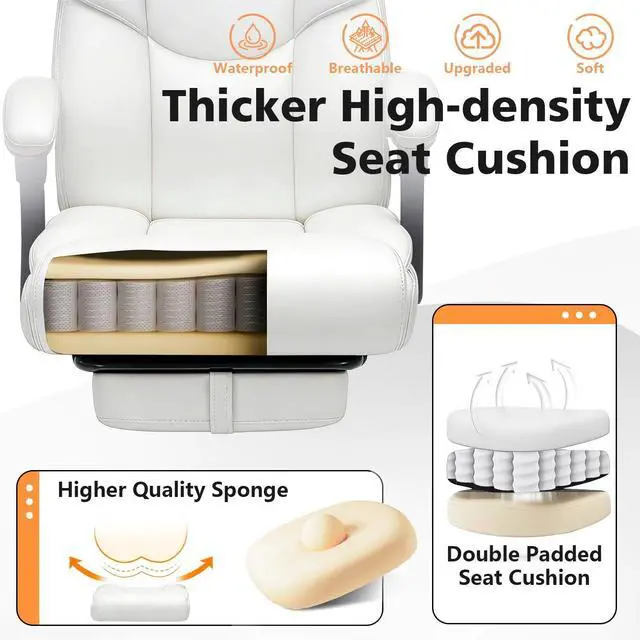Alt view image 6 of 7 - 400lbs Office Chair with Foot Rest, Reclining Big and Tall Office Chair with Lumbar Support, High Back PU Leather Computer Chair,Comfy Desk Chair for Home Office (Casual) (White)