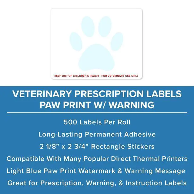 Alt view image 3 of 6 - Veterinary Prescription Labels with Paw Print & Warning - 2-1/8" x 2-3/4" | Compatible with Dymo 450 LabelWriters and Earlier Models - Keep Out of Children's Reach - Warning, Caution