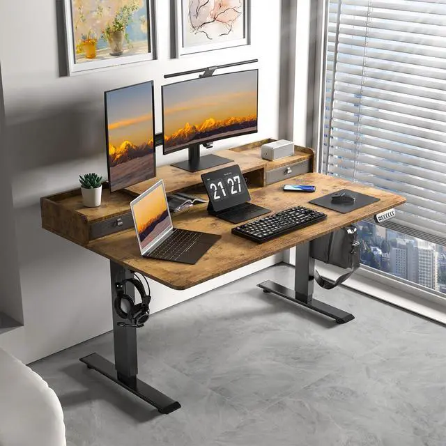 Alt view image 2 of 7 - 55 x 30 Inch Electric Standing Desk with 2 Drawers, Adjustable Height Widened Stand Up Desk with Storage, Sit to Stand Ergonomic Workstation for Home Office, Rustic Brown