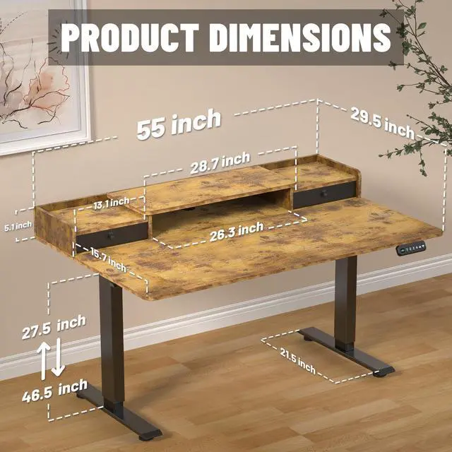 Alt view image 3 of 7 - 55 x 30 Inch Electric Standing Desk with 2 Drawers, Adjustable Height Widened Stand Up Desk with Storage, Sit to Stand Ergonomic Workstation for Home Office, Rustic Brown