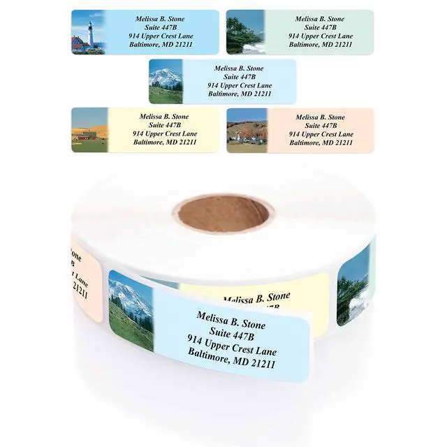 Alt view image 2 of 4 - Scenic America Assorted Designer Rolled Address Labels with Elegant Plastic Dispenser