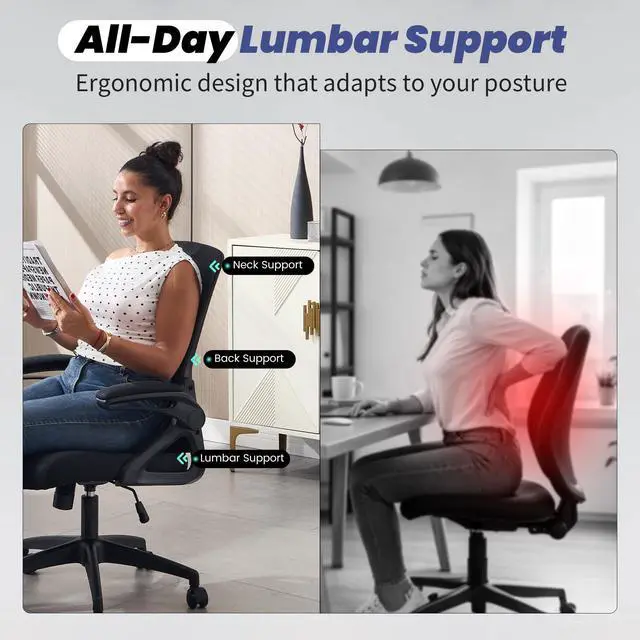 Alt view image 4 of 7 - Executive Office Chair with Adjustable Lumbar Support Flip-Up Arms,Black | Desk Chair Breathable Mesh Comfy Computer Chairs with Flip-up Armrests Executive Task Chair for Adults Home Office,400lbs