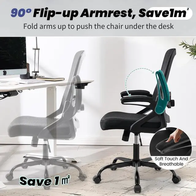 Alt view image 5 of 7 - Executive Office Chair with Adjustable Lumbar Support Flip-Up Arms,Black | Desk Chair Breathable Mesh Comfy Computer Chairs with Flip-up Armrests Executive Task Chair for Adults Home Office,400lbs