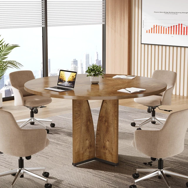 Alt view image 3 of 7 - 39" Round Conference Table for 4, Modern Round Meeting Table with Sturdy Base, Small Compact Conference Room Tables for Office, Training, or Negotiation (Vintage Brown)