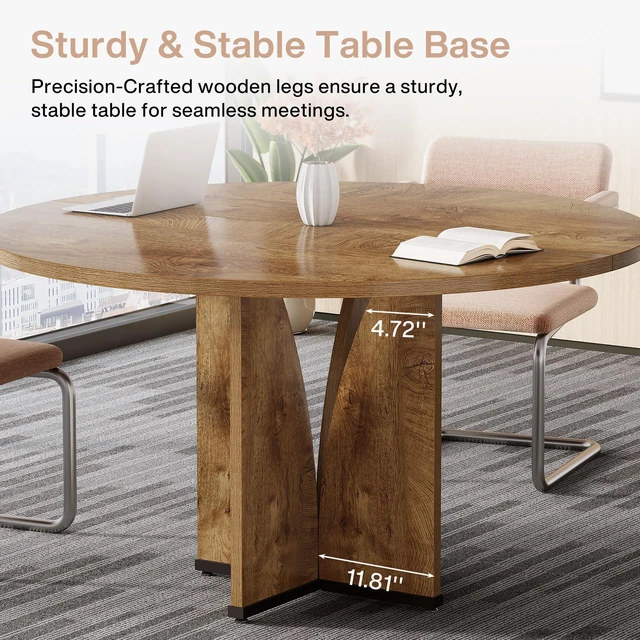 Alt view image 5 of 7 - 39" Round Conference Table for 4, Modern Round Meeting Table with Sturdy Base, Small Compact Conference Room Tables for Office, Training, or Negotiation (Vintage Brown)