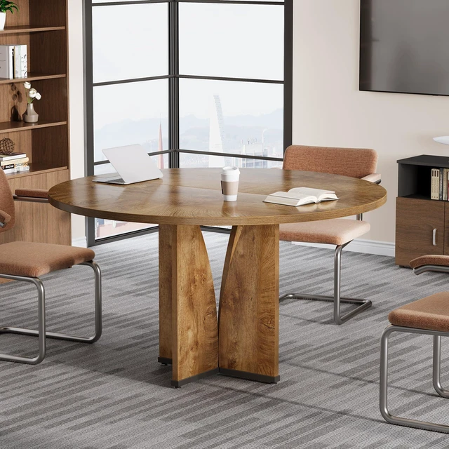 Alt view image 6 of 7 - 39" Round Conference Table for 4, Modern Round Meeting Table with Sturdy Base, Small Compact Conference Room Tables for Office, Training, or Negotiation (Vintage Brown)