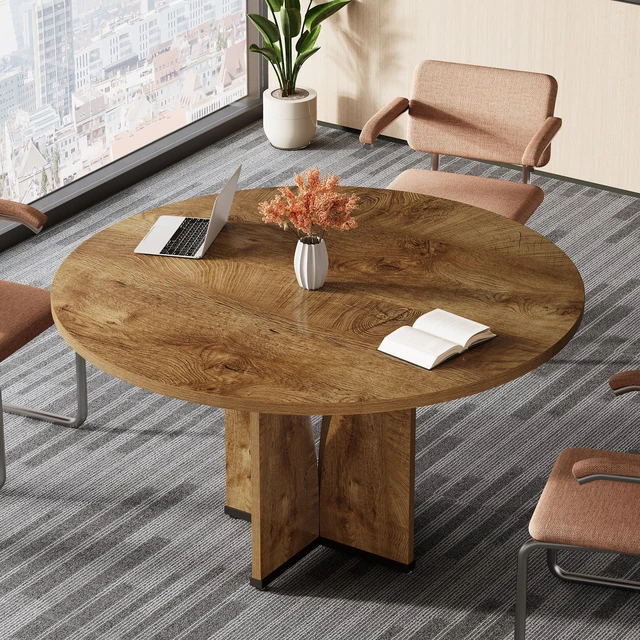Alt view image 7 of 7 - 39" Round Conference Table for 4, Modern Round Meeting Table with Sturdy Base, Small Compact Conference Room Tables for Office, Training, or Negotiation (Vintage Brown)