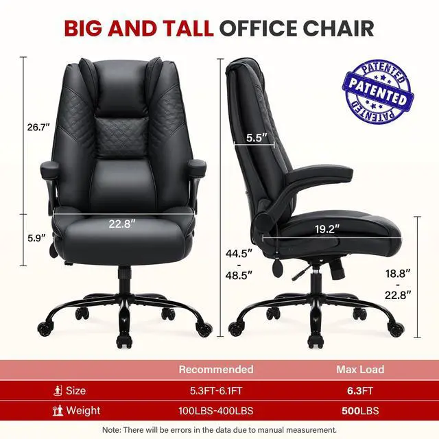 Alt view image 3 of 7 - CLOMAN Big and Tall Office Chair 500lbs with Air Lumbar Support,Wide Seat Executive Chair with Flip Up Arms & Rocking Function,Heavy Duty Comfy Desk Chair,Black